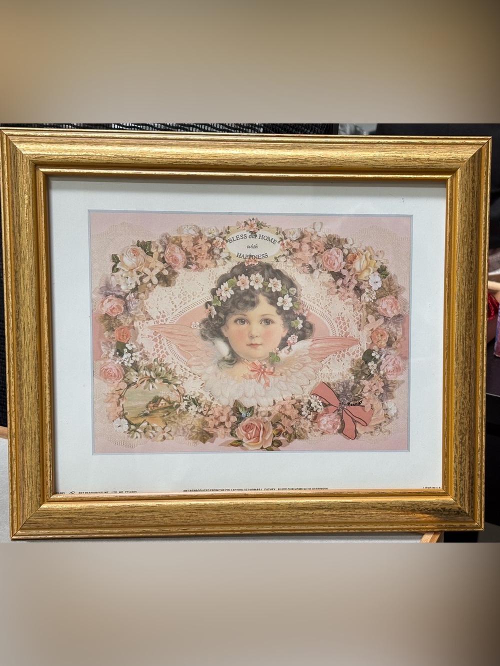 Vintage-Inspired Pink Floral Angel Wall Art Print by